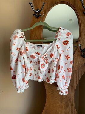Zara White Crop Top with Red-Orange Floral Print